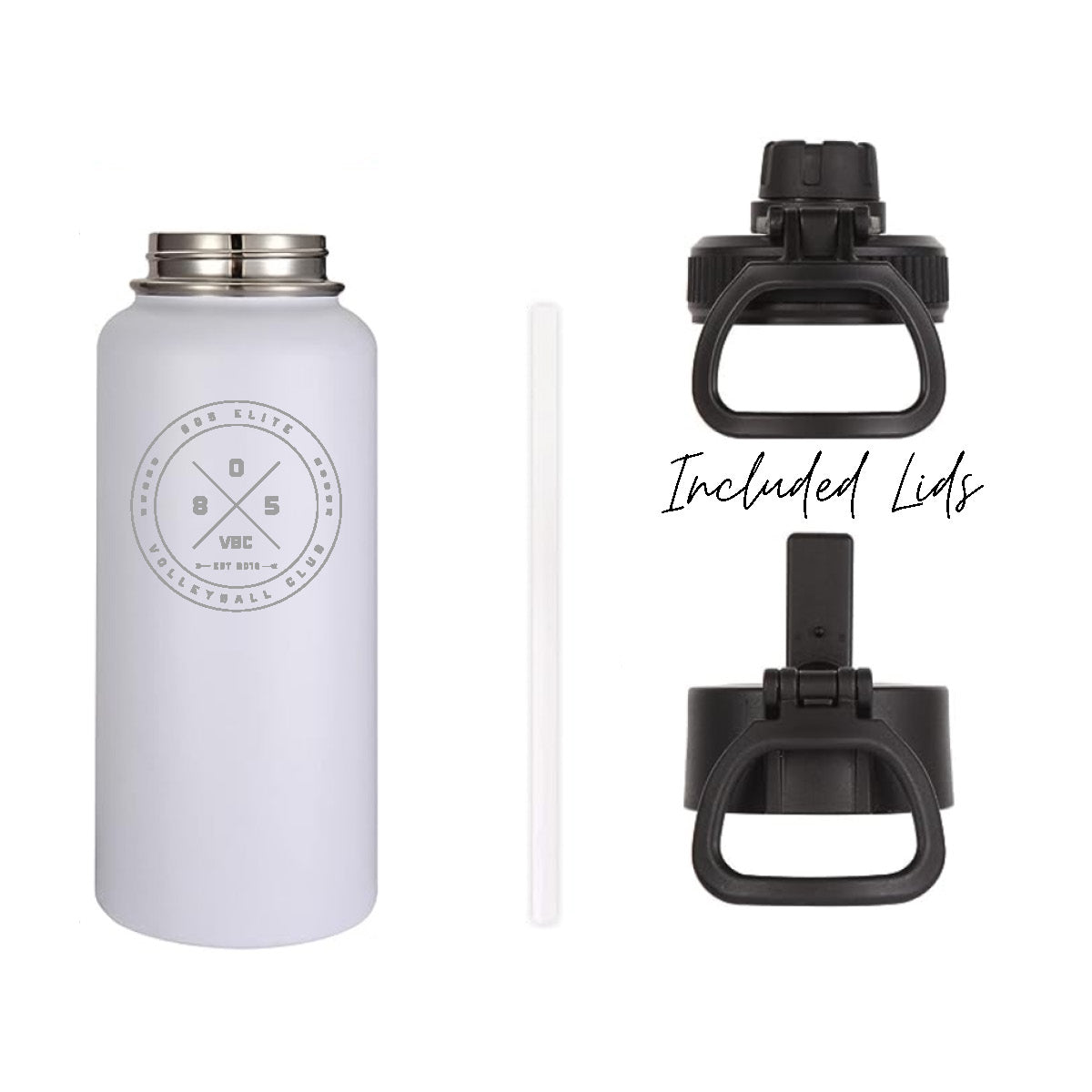 White insulated water with engraved club logo and included accessories pictured.