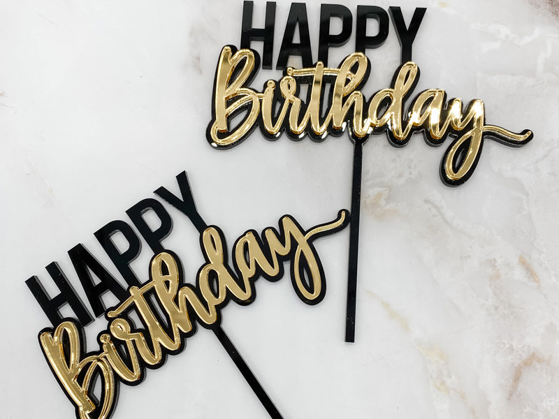 Happy Birthday - Black & Gold Cake Topper