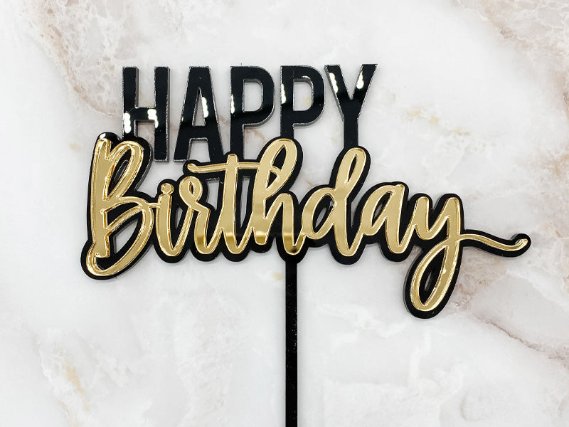 Happy Birthday - Black & Gold Cake Topper