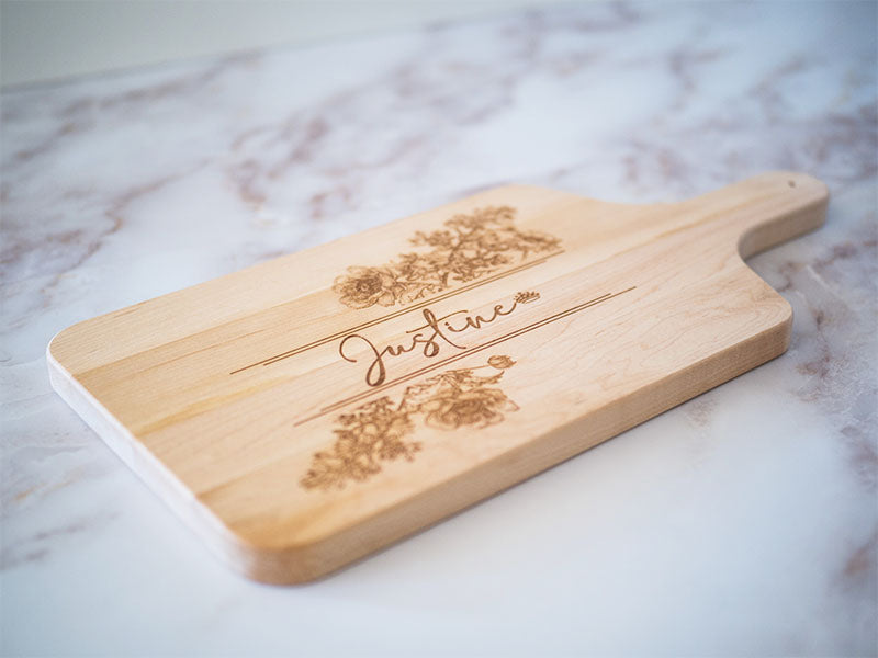 Custom Engraved Maple Cutting Board With Handle - Lilac Script